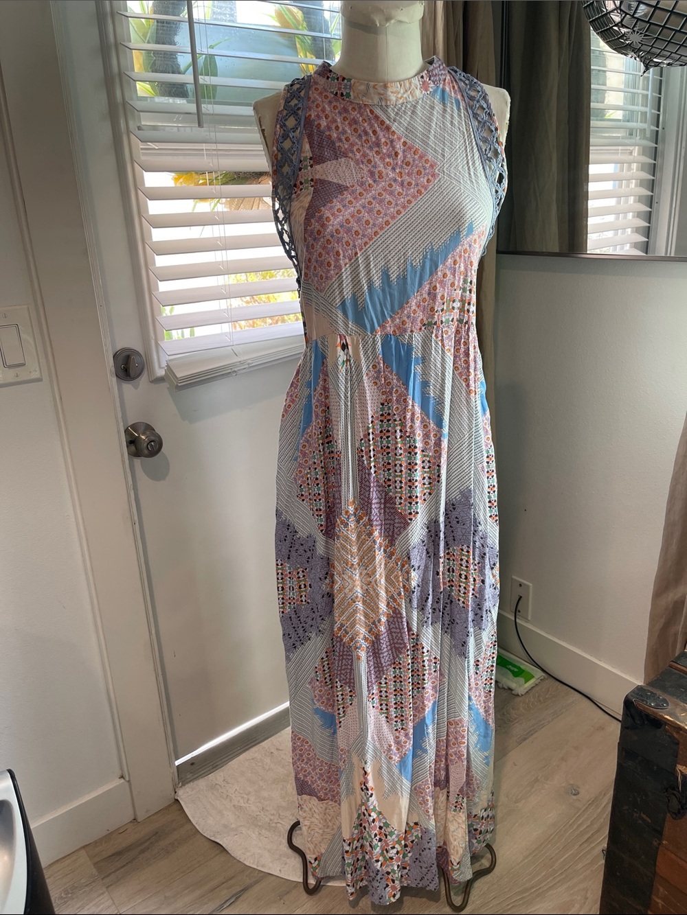 BEAUTIFUL JAASE Sleeveless Geometric Patchwork Maxi Dress - Cream, Blue & Purple